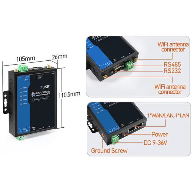 Alt view image 6 of 7 - USR-W630S RS232 RS485 Serial to Wi fi and Ethernet Converter Dual-Band Dual Ethernet Port Wi Fi5 Serial Server Qualcomm Version (Full Kit)