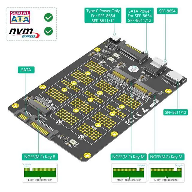 Alt view image 2 of 7 - M.2 NGFF/SATA-Bus SSD to SFF-8611/8612/8654 + SATA Adapter Card Compatible with M.2 NVMe B/B+M Key SSD 2230 2242 2260 2280