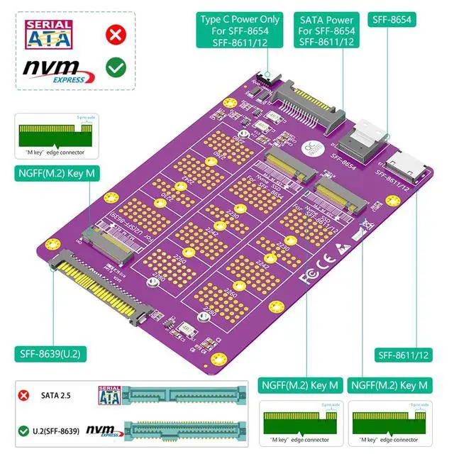 Alt view image 2 of 7 - M.2 NGFF SSD to SFF-8611/8612/8654 + U.2 SFF-8639 Adapter Card Compatible with M.2 NVMe M Key SSD 2230 2242 2260 2280