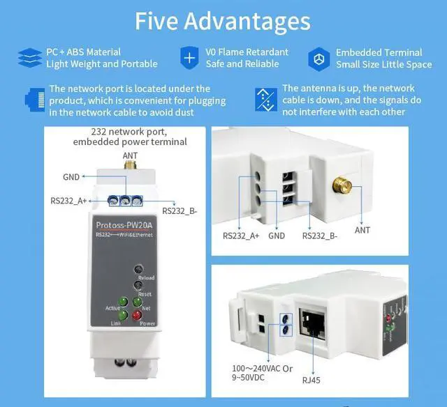 Alt view image 4 of 7 - Protoss-PW20A Serial Server RS232 to Wi-Fi Ethernet Communication Adapter Support Modbus TCP IP MQTT HTTP (H)