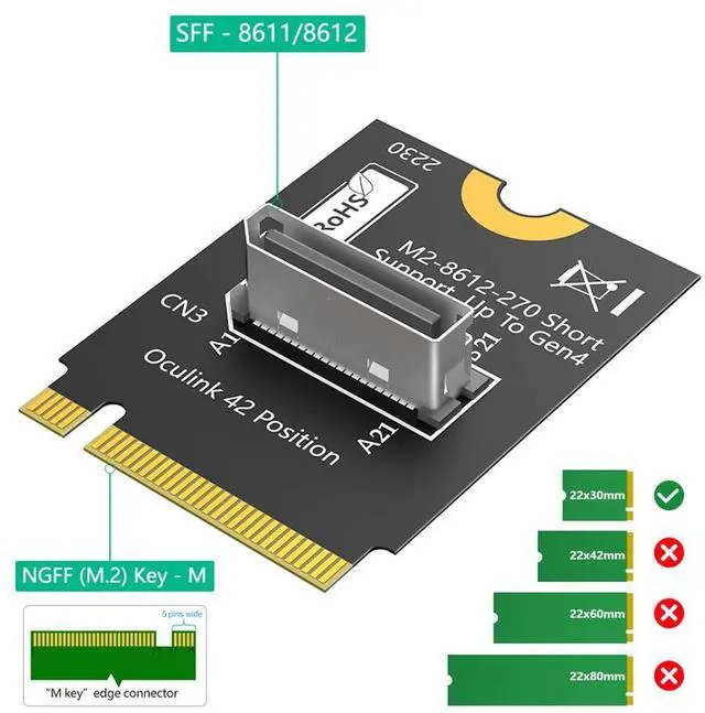 Alt view image 2 of 7 - M.2 Key M PCI-e 4.0 x4 to SFF-8611/8612 4i Host Adapter Compatible with NVMe SSD and eGPU (Vertical Short Type A)