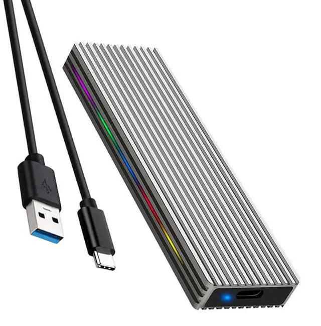 Main image of M.2 M Key SSD Enclosure 10Gbps/5Gbps USB3.1 NGFF/NVME Protocol USB-C Mobile Case Aluminum Alloy with RGB Light (NVME C to A,Silver)