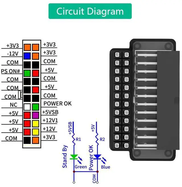 Alt view image 4 of 7 - ATX 24Pin to 24Pin Power Adapter Female to Male 90 Degree with Power OK and Stand By LED for PC Desktops ABS Plastic Cover
