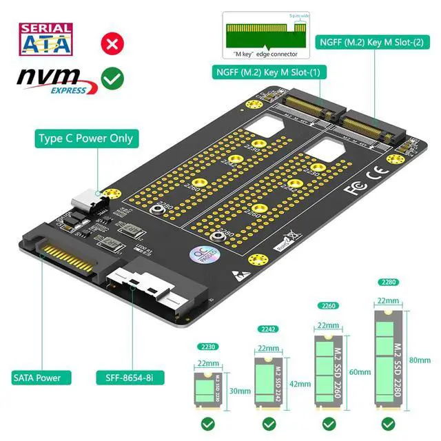 Alt view image 2 of 7 - Dual M2 NVME to Slimline SFF-8654 8X Adapter Card Support PCIe Bifurcation Motherboard X4X4X4X4 or X4X4X8