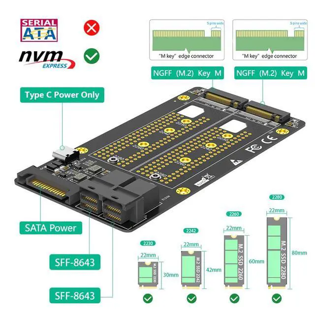 Alt view image 2 of 7 - Dual M.2 NVME to Dual SFF-8643 Adapter Card for PCI-E 2230 2242 2260 2280 SSD