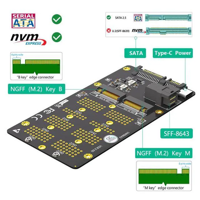 Alt view image 2 of 7 - M.2 NVMe SSD/SATA-Bus SSD to SFF-8643 and SATA Adapter 2 in 1 Combo for M.2 2230 2242 2260 2280 SSD