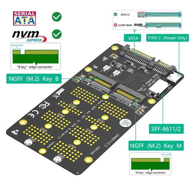 Alt view image 2 of 7 - M.2 NVME/SATA-Bus SSD to SFF-8611/8612 & SATA Extension Card USB-C Power Adapter for M2 2230 2242 2260 2280 SSD