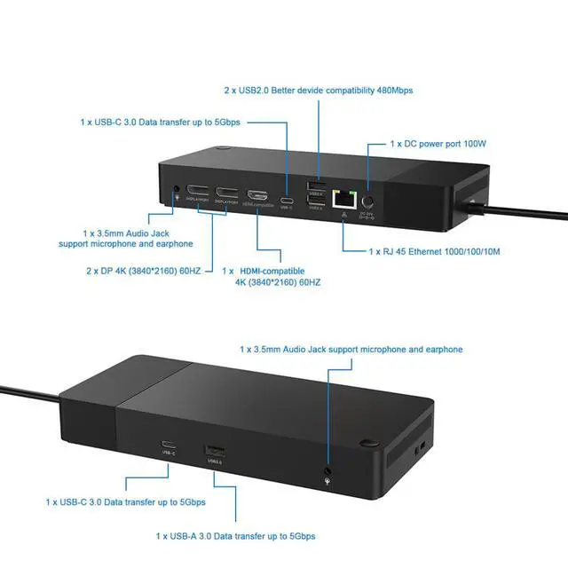 Alt view image 2 of 7 - USB-C Docking Station DP 4K 60HZ Triple Display RJ45 Gigabit Ethernet Hub 3.5mm Audio Jack HUB Compatible with HDMI