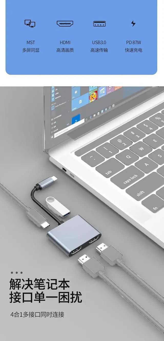 Alt view image 5 of 5 - USB 3.0 Docking Station USB-C to Dual HD 3.0 Hub HDMI-Compatible Compatible with MacBook PC Laptop (4 in 1)