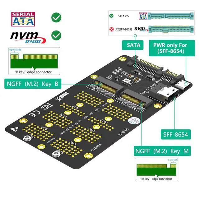 Alt view image 2 of 7 - 2 in 1 M.2(NGFF) NVMe-Compatible SSD/SATA-Bus SSD to SFF-8654 and SATA Adapter Compatible with Win XP, Vista 32/64, Win 7, Win 8, Win10, Win11, Linux
