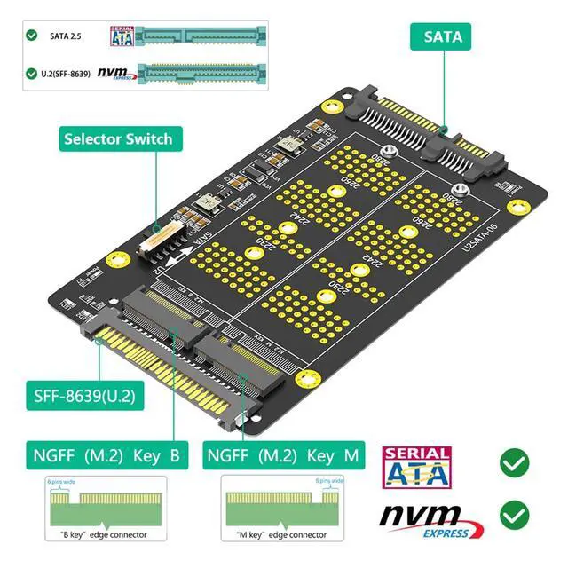 Alt view image 2 of 7 - 2 in 1 Key M Key B to U2-SATA Adater M.2(NGFF) NVME PCI-E to U.2 SFF-8639 and M.2(NGFF) SATA to SATA Adapter