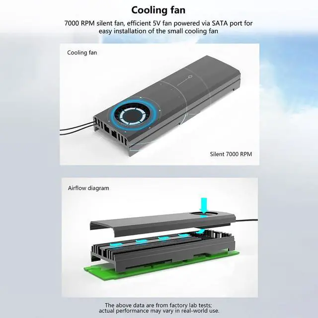 Alt view image 6 of 7 - M.2 2280 SSD Heatsink 4Layer Cooling Design ToolFree ClipOn Installation with Turbo Fan 7000 RPM Silent Fan, SATA Power (Black,Major Cold Version)