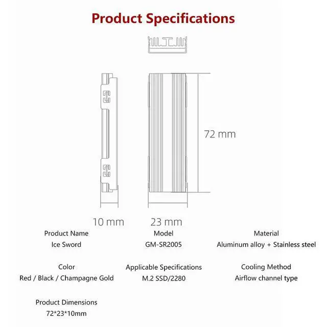 Alt view image 7 of 7 - M.2 2280 SSD Heatsink Aluminum Alloy Cooler with Airflow-Guided Heat Dissipation, Compact Size 2.83×0.91×0.39 (Red)
