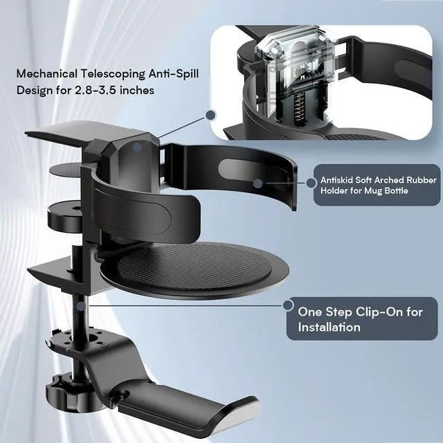 Alt view image 2 of 7 - 2-in-1 Rotatable Cup Holder & Headphone Stand Aluminum Alloy Storage Rack No-Drilling Design Fits Panels 0.22.0 Thick, Cup Width Adjustable 2.83.5 (Black)
