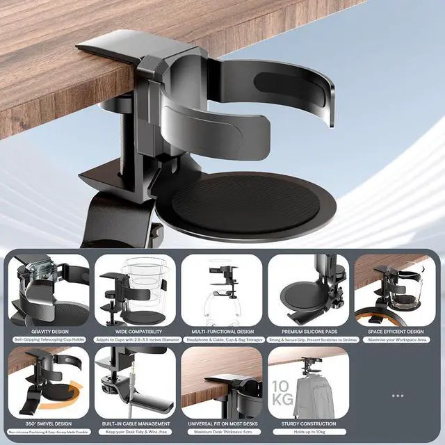 Alt view image 3 of 7 - 2-in-1 Rotatable Cup Holder & Headphone Stand Aluminum Alloy Storage Rack No-Drilling Design Fits Panels 0.22.0 Thick, Cup Width Adjustable 2.83.5 (Black)