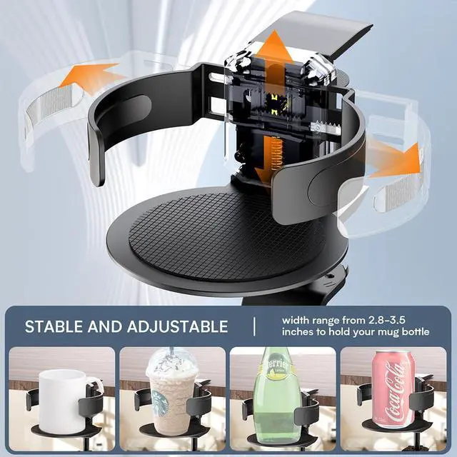 Alt view image 4 of 7 - 2-in-1 Rotatable Cup Holder & Headphone Stand Aluminum Alloy Storage Rack No-Drilling Design Fits Panels 0.22.0 Thick, Cup Width Adjustable 2.83.5 (Black)