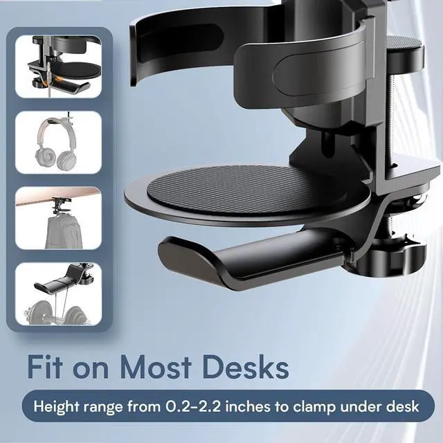 Alt view image 5 of 7 - 2-in-1 Rotatable Cup Holder & Headphone Stand Aluminum Alloy Storage Rack No-Drilling Design Fits Panels 0.22.0 Thick, Cup Width Adjustable 2.83.5 (Black)