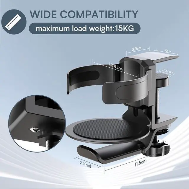 Alt view image 7 of 7 - 2-in-1 Rotatable Cup Holder & Headphone Stand Aluminum Alloy Storage Rack No-Drilling Design Fits Panels 0.22.0 Thick, Cup Width Adjustable 2.83.5 (Black)