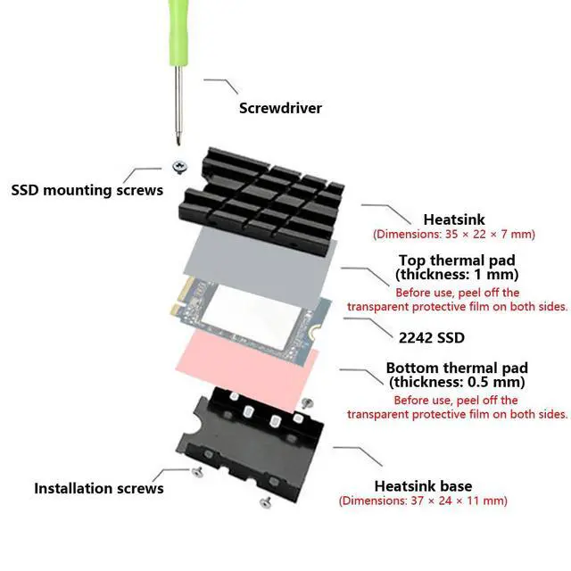 Alt view image 2 of 7 - M.2 SSD 2242 Heatsink SSD Cooler with Dual Thermal Pads Top 0.04 / Bottom 0.02, Aluminum Alloy Heat Sink Shroud, Black, Compact Size Compatible with NVMe Mini Builds (Black)