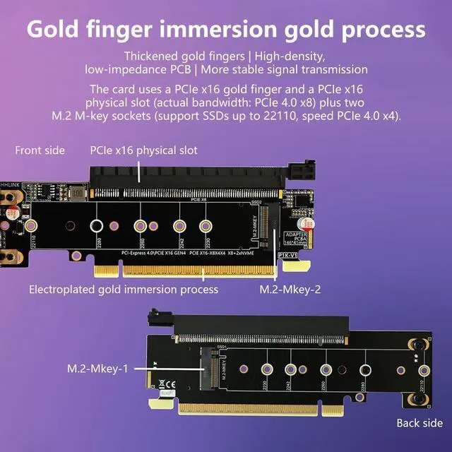 Alt view image 5 of 7 - PCIe 4.0 x16 to PCIe x8 + 2* M.2 Mkey Splitter Card Support X8X4X4 PCIe-Bifurcation Compatible with NVMe M Key 2230 2242 2260 2280 22110 SSD (PCB Board)