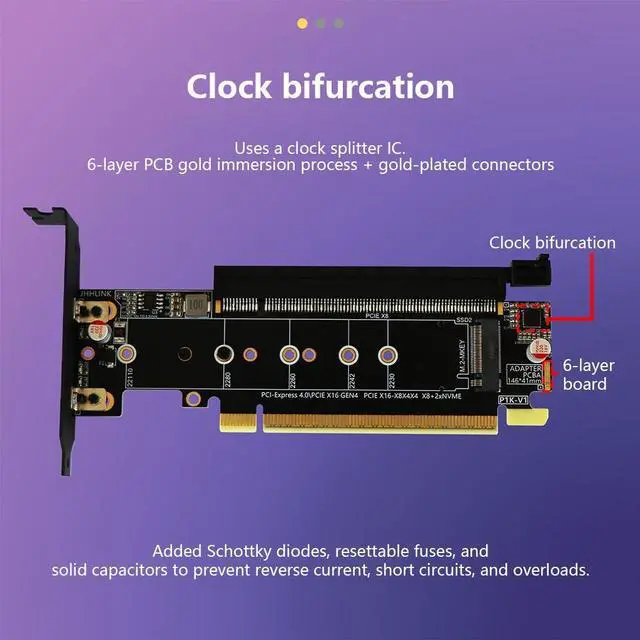 Alt view image 7 of 7 - PCIe 4.0 x16 to PCIe x8 + 2* M.2 Mkey Splitter Card Support X8X4X4 PCIe-Bifurcation Compatible with NVMe M Key 2230 2242 2260 2280 22110 SSD (PCB Board)