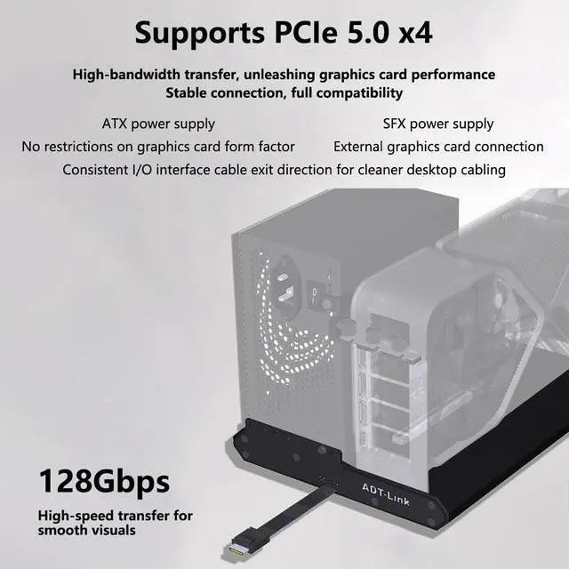 Alt view image 3 of 7 - ADT-K993H OCuLink SFF-8612 Female to PCIe5.0 x16 External Graphics Card Docking Station 128Gbps High-Speed eGPU Enclosure (K993H-BK10-50cm)