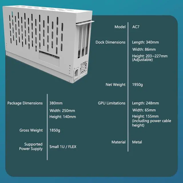 Alt view image 2 of 7 - PCIe 4.0 X16 to Oculink SFF-8612 eGPU Graphics Card Docking Station 64GB/s External GPU Enclosure Support Small 1U / Flex Power Supply (White,AC7 38 * 35 * 14cm)
