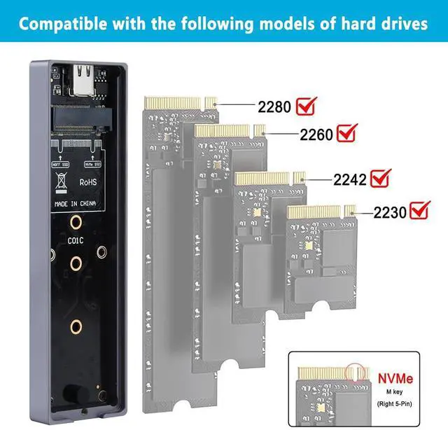 Alt view image 3 of 7 - M.2 SSD Enclosure RGB Cool Light Compatible with M.2 NVME / NGFF 2230 2242 2260 2280 SSD (Compatible with NVMe)