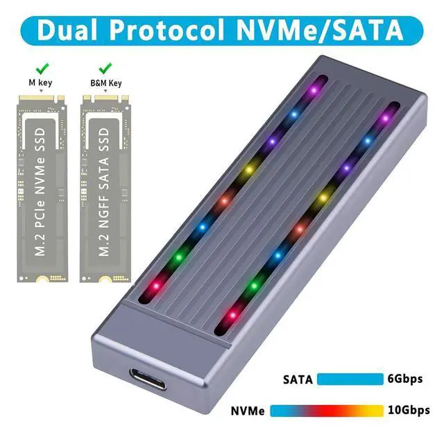 Alt view image 2 of 7 - M.2 SSD Enclosure RGB Cool Light Compatible with M.2 NVME / NGFF 2230 2242 2260 2280 SSD (for Dual Protocol)