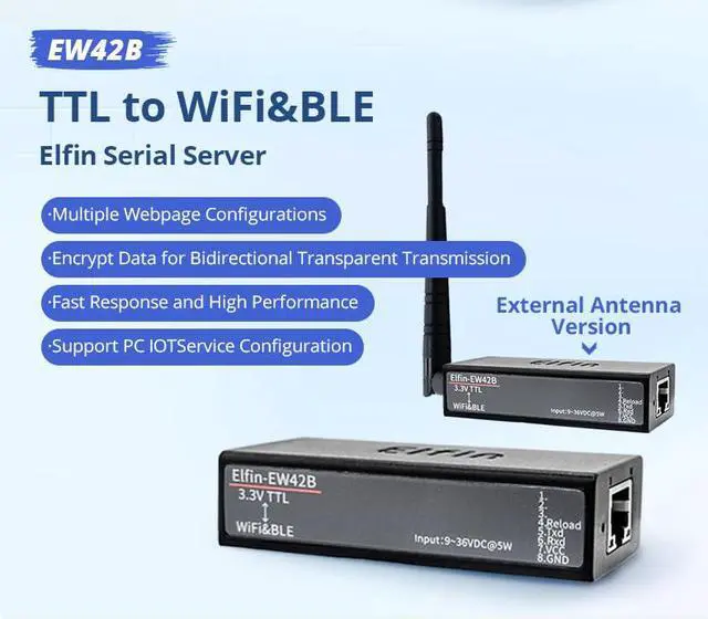 Alt view image 2 of 7 - Elfin-EW42B Gateway TTL to Wi-Fi & Blueandtooth Serial Server with Internal Antenna Support STA/AP/AP+STA Modbus RTU/TCP (Server only)