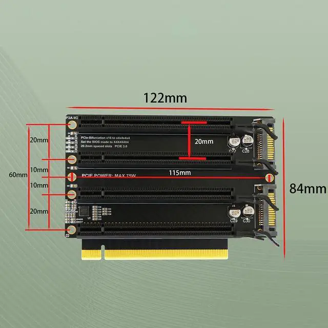 Alt view image 4 of 7 - PCIe3.0 X16 1 to 4 Split Card Height-Increased Version PCIe-Bifurcation x16 to x4x4x4x4 Expansion Card,SATA Power Input, LED Indicator