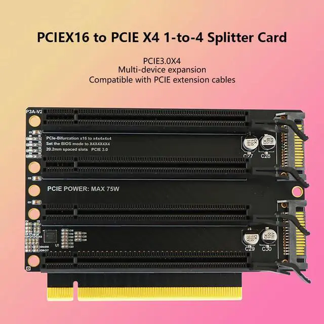 Alt view image 2 of 7 - PCIe3.0 X16 1 to 4 Split Card Height-Increased Version PCIe-Bifurcation x16 to x4x4x4x4 Expansion Card,SATA Power Input, LED Indicator