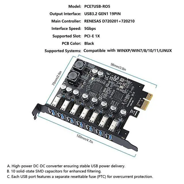 Alt view image 2 of 7 - PCIe x1 to 7-Port USB 3.2 19Pin Expansion Card 5Gbps High Speed for Motherboard