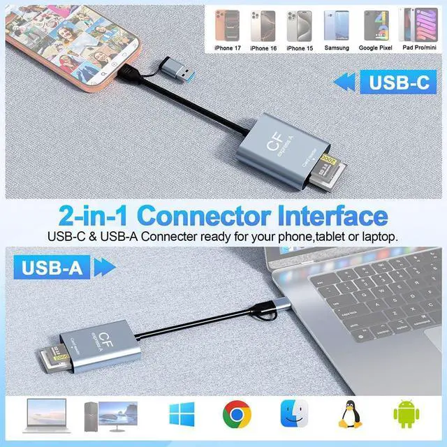 Alt view image 4 of 7 - USB 3.2 CFexpress Type A / SD3.0 Memory Card Reader 10Gbps High-Speed Data Transfer with Dual USB A & USB C Ports (CR398S for CFexpress Type A+SD3.0)