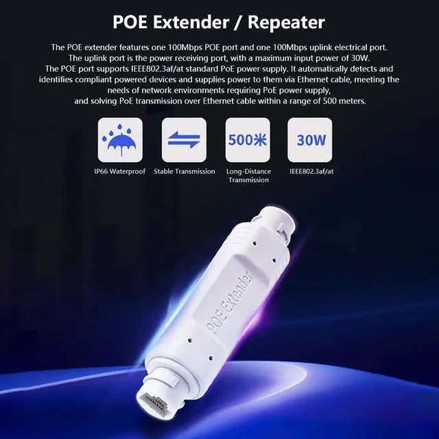 Alt view image 4 of 7 - 48V Waterproof POE-Compatible Extender Outdoor 500M Long-Distance Power Supply with POE-Compatible + Uplink Electrical Ports (Gigabit)