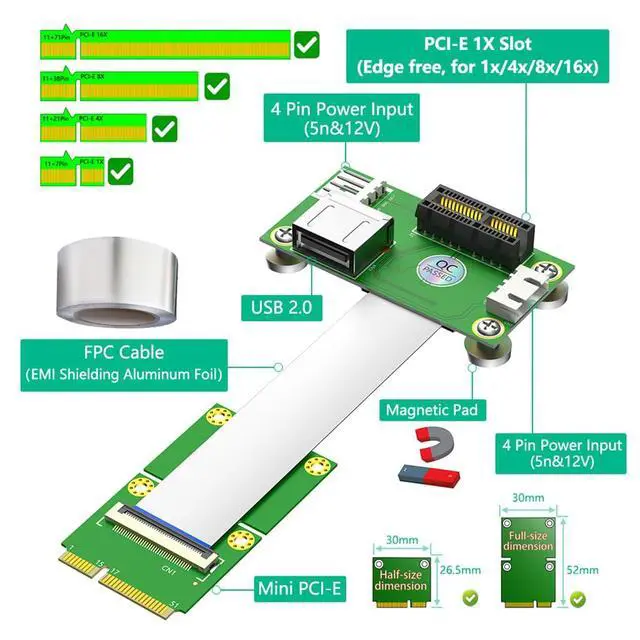 Alt view image 2 of 7 - Mini PCI-E to Vertical PCI-E 1X + USB2.0 Riser Card with Magnetic Pads 4Pin Power Input Support for X4 X8 X16 (25CM)