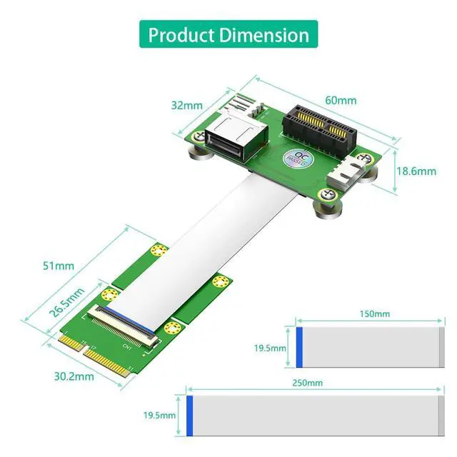 Alt view image 3 of 7 - Mini PCI-E to Vertical PCI-E 1X + USB2.0 Riser Card with Magnetic Pads 4Pin Power Input Support for X4 X8 X16 (25CM)