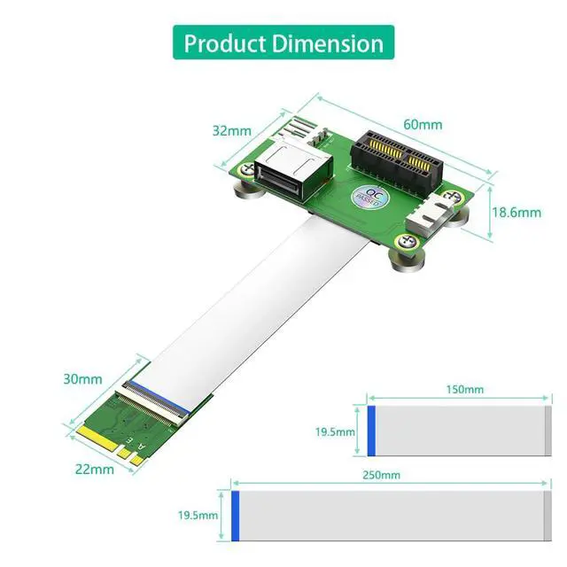 Alt view image 3 of 7 - NGFF M.2 Key A + E to PCI-E 1X + USB2.0 Riser Card with Magnetic Pads 4Pin Power Input Support for X4 X8 X16 (25cm)