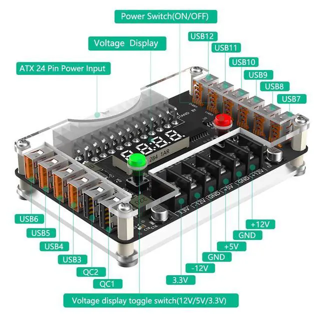 Alt view image 2 of 7 - 24Pin ATX Power Supply Breakout Board 3A Output Acrylic Case Kit 12*USB Port with 3.3V, 5V, 12V,-12V Output Voltage (Side-Plug Version)