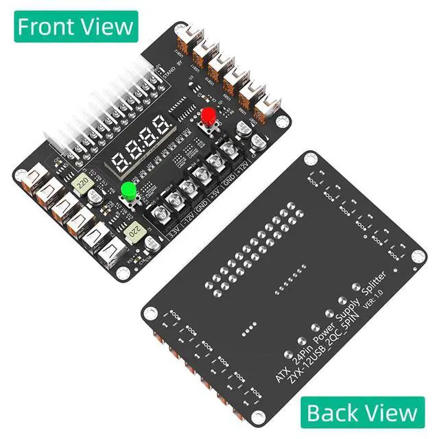 Alt view image 5 of 7 - 24Pin ATX Power Supply Breakout Board 3A Output Acrylic Case Kit 12*USB Port with 3.3V, 5V, 12V,-12V Output Voltage (Side-Plug Version)