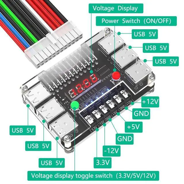 Alt view image 2 of 7 - 24Pin ATX Power Supply Breakout Board 3A Output Acrylic Case Kit 12*USB Port with 3.3V, 5V, 12V,-12V Output Voltage (Black)