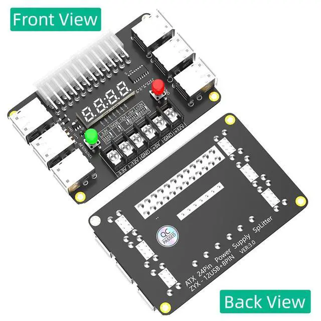 Alt view image 4 of 7 - 24Pin ATX Power Supply Breakout Board 3A Output Acrylic Case Kit 12*USB Port with 3.3V, 5V, 12V,-12V Output Voltage (Black)