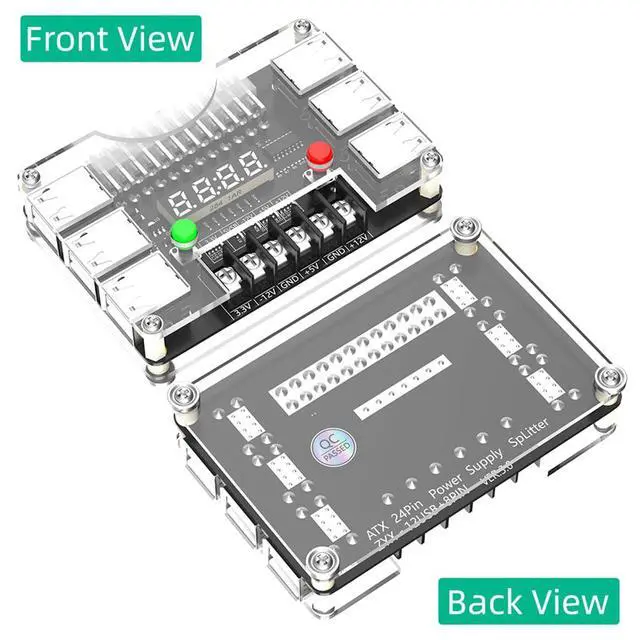 Alt view image 5 of 7 - 24Pin ATX Power Supply Breakout Board 3A Output Acrylic Case Kit 12*USB Port with 3.3V, 5V, 12V,-12V Output Voltage (Black)