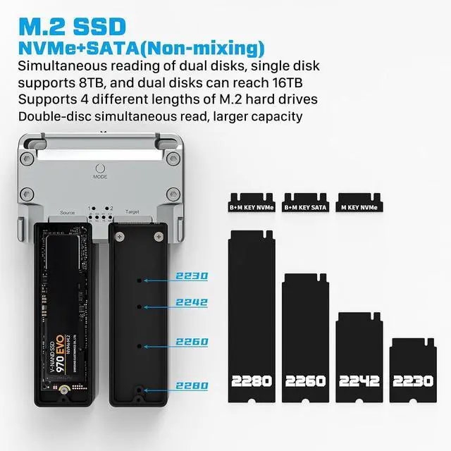 Alt view image 3 of 7 - M.2 SSD Enclosure Offline Cloning M.2 Dual Disk Array NVME/SATA Enclosure 8T PD100W 10Gbps SSD Docking Station Reader
