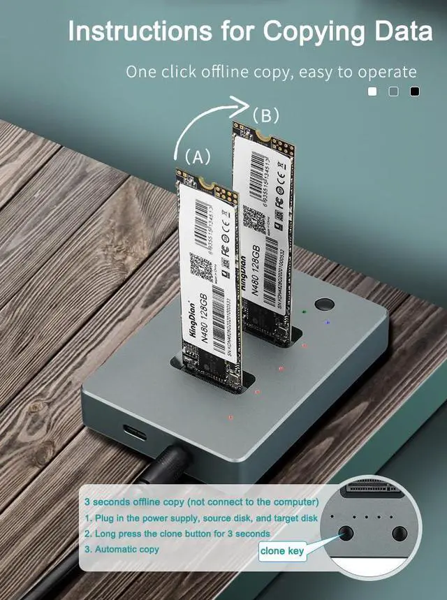 Alt view image 6 of 7 - Dual-Disk Solid State Hard Disk Base Enclosure External SSD Offline Clone Base Duplicator Type-c Copy Base Support 2242 2260 2280 22110 SATA SSD (not for NVMe SSD