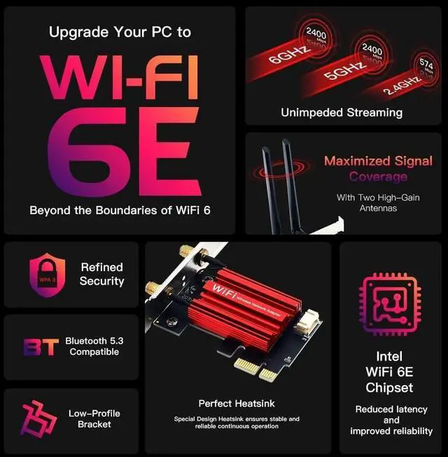 Alt view image 3 of 7 - Wi-Fi 6E Triple Band Wireless Network Card Intel AX210 Chip PCIe WiFi Adapter Bluetooth 5.3 5374Mbps 802.11ax for Windows 10/11 64bit Linux