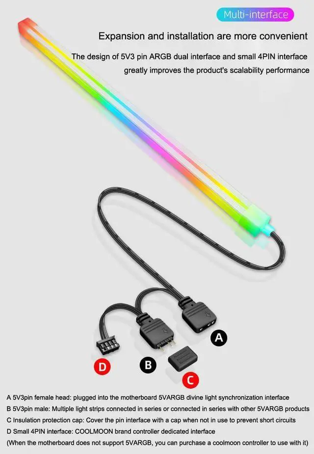 Alt view image 4 of 7 - 11.8inch/30cm Computer Case ARGB Light Bar RGB Strip Silicone Chassis Ambient Lamp Decoration DIY Colorful Strips Desktop PC Accessories (Square)