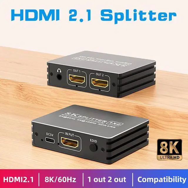 Alt view image 3 of 7 - HDMI 2.1 Splitter 1 in 2 Out 8K with Audio Extractor for Xbox Series X/S PS5 8K HDTV
