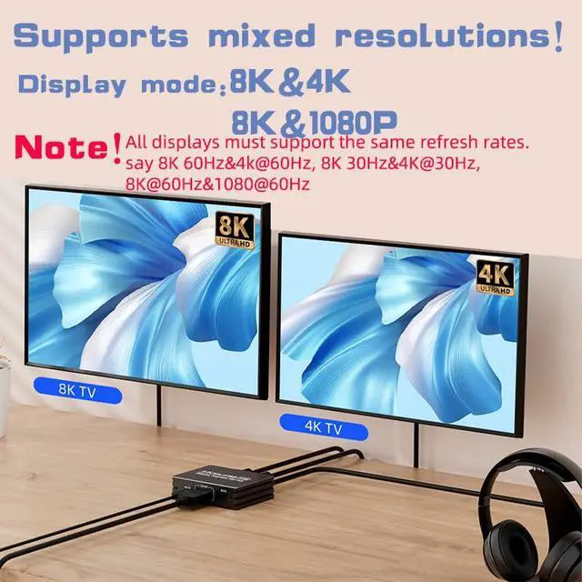 Alt view image 4 of 7 - HDMI 2.1 Splitter 1 in 2 Out 8K with Audio Extractor for Xbox Series X/S PS5 8K HDTV