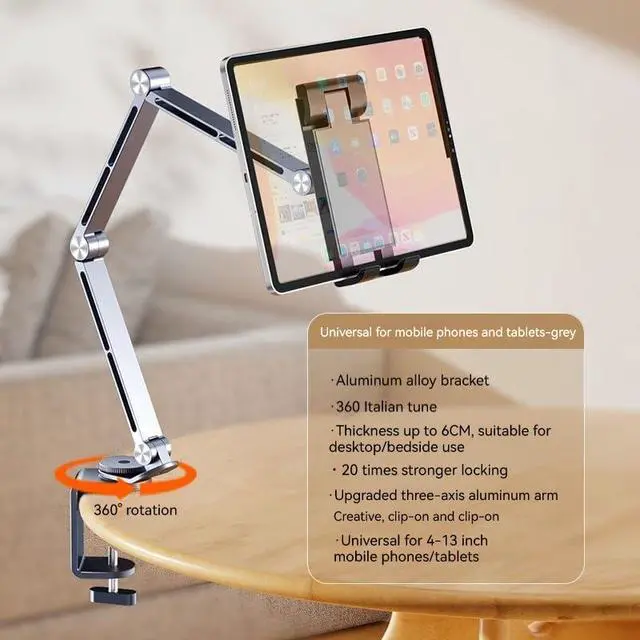Alt view image 2 of 7 - Rotatable Holder Stand Tablet Holder Multi-Angle Design Phone Clip Swivel Mount Desktop Aluminum Alloy Cantilever Bed Desk Home Live Folding Bracket Compatible with 4"-13" Phone Tablet (Gray)